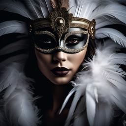 Person wearing a mask adorned with feathers, embodying a sense of mystery and carnival  photograph, portrait style, front facing,centered, highly detailed face, depth of field, extremely detailed, Nikon D850, award winning photography