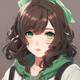 chubby Italian girl with dark wavy hair green eyes and moles  front facing ,centered portrait shot, cute anime color style, pfp, full face visible