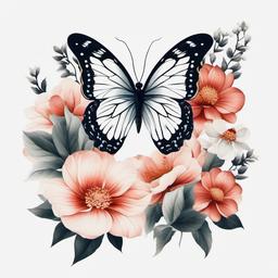 butterfly in flower tattoo  simple color tattoo, minimal, white background