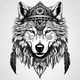 Wolf with Headdress Tattoo,wolf adorned with a tribal headdress in a striking tattoo, symbolizing courage and honor. , tattoo design, white clean background