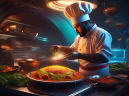Intergalactic chef prepares a feast for an alien emperor using exotic ingredients from distant planets. hyperrealistic, intricately detailed, color depth,splash art, concept art, mid shot, sharp focus, dramatic, 2/3 face angle, side light, colorful background