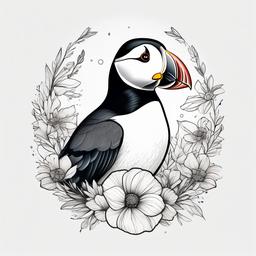 Simply designed puffin tattoo surrounded by flowers, minimalist design, white background