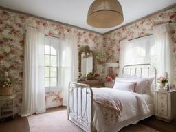 Shabby chic bedroom with Anthropologie distressed white iron bed, Restoration Hardware floral bedding, and Ralph Lauren vintage-inspired wallpaper.  