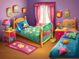 Bed clipart - child’s bed decorated with cartoon characters  