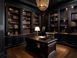 The home office exemplifies Gothic interior design, featuring a large oak desk, dark wallpaper with intricate patterns, and shelves filled with ancient tomes that inspire creativity and focus.  