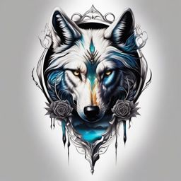 Wolf Skull Tattoo,haunting amalgamation of a wolf and a skull, eerie reflection of life and death. , color tattoo design, white clean background