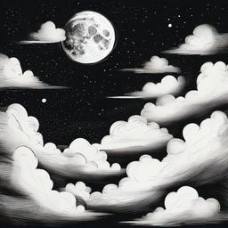 drawing of a moon with clouds  minimal rough sketch scribbles,doodles,black and white