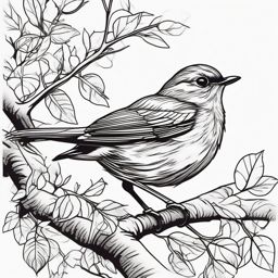 Robin Tattoo - Robin building a nest in a leafy tree  few color tattoo design, simple line art, design clean white background