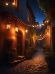 Cobblestone alleyway, lit by the warm glow of lanterns, leads to a hidden courtyard where musicians serenade under the moonlit sky, creating a magical atmosphere. hyperrealistic, intricately detailed, color depth,splash art, concept art, mid shot, sharp focus, dramatic, 2/3 face angle, side light, colorful background