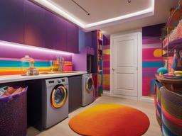 A utility room designed with psychedelic interior design includes bright storage solutions, imaginative decor, and an engaging layout that makes chores feel lively and manageable.  