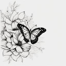 half butterfly half flower drawing  simple color tattoo, minimal, white background