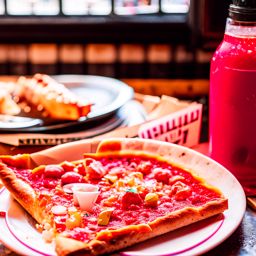 new york pizza joint, enjoying a classic new york-style pizza slice in a bustling pizzeria. 