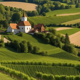 tauber valley's enchantment - create an artwork that conveys the enchantment of the tauber valley, with its vineyards and medieval charm. 