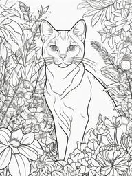 Cat in a Garden Coloring Pages - Feline Among Colorful Flowers and Plants  minimal black outline printable sheet, coloring page