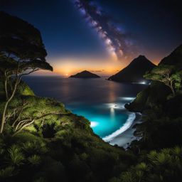 aogashima - craft a remote night scene of aogashima, the volcanic island in the philippine sea, with its hot springs and a sky full of stars. 