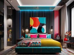 In the bedroom, Pop Art interior design showcases bold graphic prints, colorful accents, and a mix of patterns that create a fun and inviting space for restful sleep.  