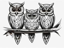 3 Owls on a Branch Tattoo - Capture the charm of nature with a tattoo featuring three owls on a branch.  simple color tattoo,vector style,white background