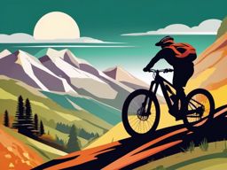 Mountain Bike Trail Clipart - A mountain biker navigating trails.  color vector clipart, minimal style