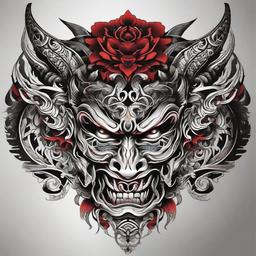 Death Mask Oni Masks Tattoos-Intricate and artistic tattoos featuring death masks and Oni masks, capturing a sense of mystique and cultural symbolism.  simple color tattoo,white background