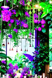 enchanted garden dining room adorned with hanging gardens and firefly lighting. 
