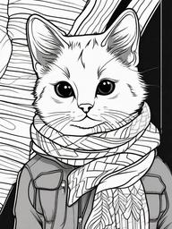 Kitty with a Scarf Coloring Pages - Cozy Kitty Wrapped in a Warm Scarf  minimal black outline printable sheet, coloring page