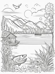 Summer Coloring Pages - Sunny day at the lake with a family fishing  simple coloring pages