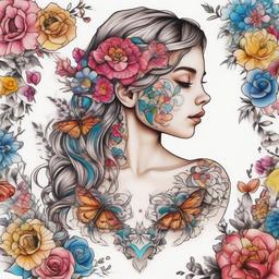 create a small and intricate full colour tattoo for placement on the rib cage and side bust, containing realistic dainty flowers lots of colour and emotion or a symbol to represent the imagination and mental traits of a young girl with autism  ,tattoo design, white background
