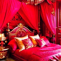 dragon's lair bedroom draped in fiery red and gold accents, resembling dragon scales. 