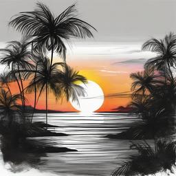 drawing of a tropical sunset  minimal rough sketch scribbles,doodles,black and white