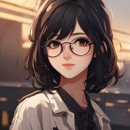 girl with darkerish skin, dark brown eyes, glasses. has shoulder length black hair with brown highlights  front facing ,centered portrait shot, cute anime color style, pfp, full face visible