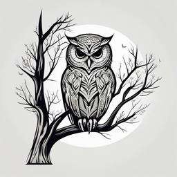 Tree Owl Tattoo - Showcase the connection between nature and owls with a tree and owl-themed tattoo.  simple color tattoo,vector style,white background