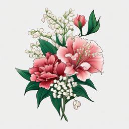 Carnation and Lily of the Valley Tattoo,Stunning tattoo with carnations and lilies of the valley, symbolizing sweetness, purity, and happiness.  simple color tattoo,minimal vector art,white background
