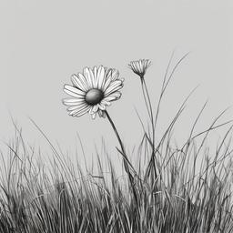 drawing of a daisy growing in the grass  minimal rough sketch scribbles,doodles,black and white