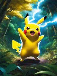 pikachu unleashes a dazzling thunderbolt attack in a lush pokémon forest. 