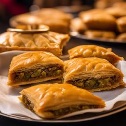 baklava, a sweet and flaky pastry, enjoyed at a bustling bazaar in istanbul. 