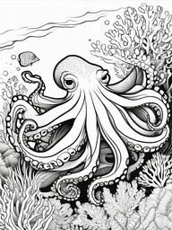 Octopus Coloring Pages - Octopus playing with colorful coral  simple coloring pages