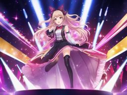 Kawaii anime idol, performing on a dazzling stage, captivating the audience with a powerful and energetic song.  front facing ,centered portrait shot, cute anime color style, pfp, full face visible