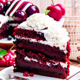 a slice of decadent black forest cake, with layers of chocolate sponge, cherries, and whipped cream. 