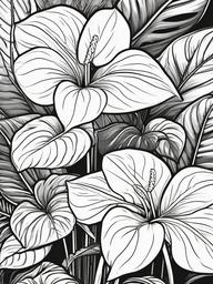 Anthurium coloring page sheet - Anthurium flowers adding a tropical touch to a sunny garden.  black outline printable coloring page