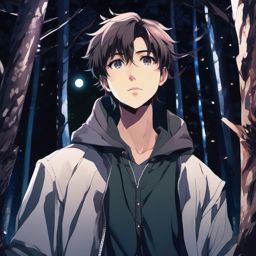 Mysterious anime boy in a moonlit forest. front facing ,centered portrait shot, cute anime color style, pfp, full face visible