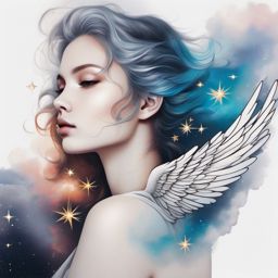 Angel Tattoo-ethereal and dreamlike angelic scene, featuring clouds, stars, and a celestial atmosphere. Colored tattoo designs, minimalist, white background.  color tatto style, minimalist design, white background