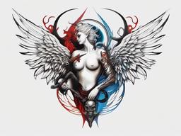 Tattoo Angel Demon-Creative and symbolic tattoo featuring both an angel and a demon, capturing themes of duality and balance.  simple color tattoo,white background