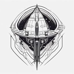 Spaceship Tattoo - A sleek spaceship tattoo embarking on a journey  few color tattoo design, simple line art, design clean white background