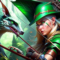 elven ranger swiftly drawing an arrow and taking aim at an approaching wyvern. 