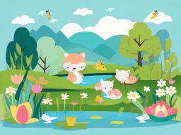 Springtime Pond Exploration clipart - Exploring a lively spring pond, ,vector color clipart,minimal