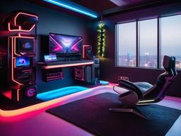 In the gamer room, cyberpunk interior design features high-tech gaming setups, vibrant LED strips, and futuristic decor that enhance the immersive gaming experience.  