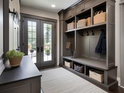 Transitional mudroom blends modern and traditional elements with a neutral palette and practical layouts to maximize storage for shoes and outerwear.  