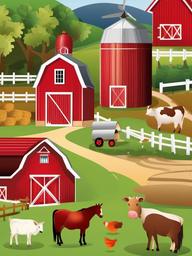 Farm clipart - farm with a red barn and animals  