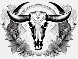 Cow skull with moon ink: Celestial connection, night symbolism.  black and white tattoo style