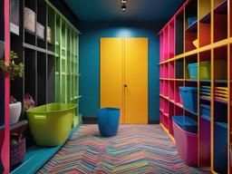 The storage room showcases psychedelic interior design with organized bins, vibrant colors, and quirky accents that maximize efficiency while adding a fun character to the space.  